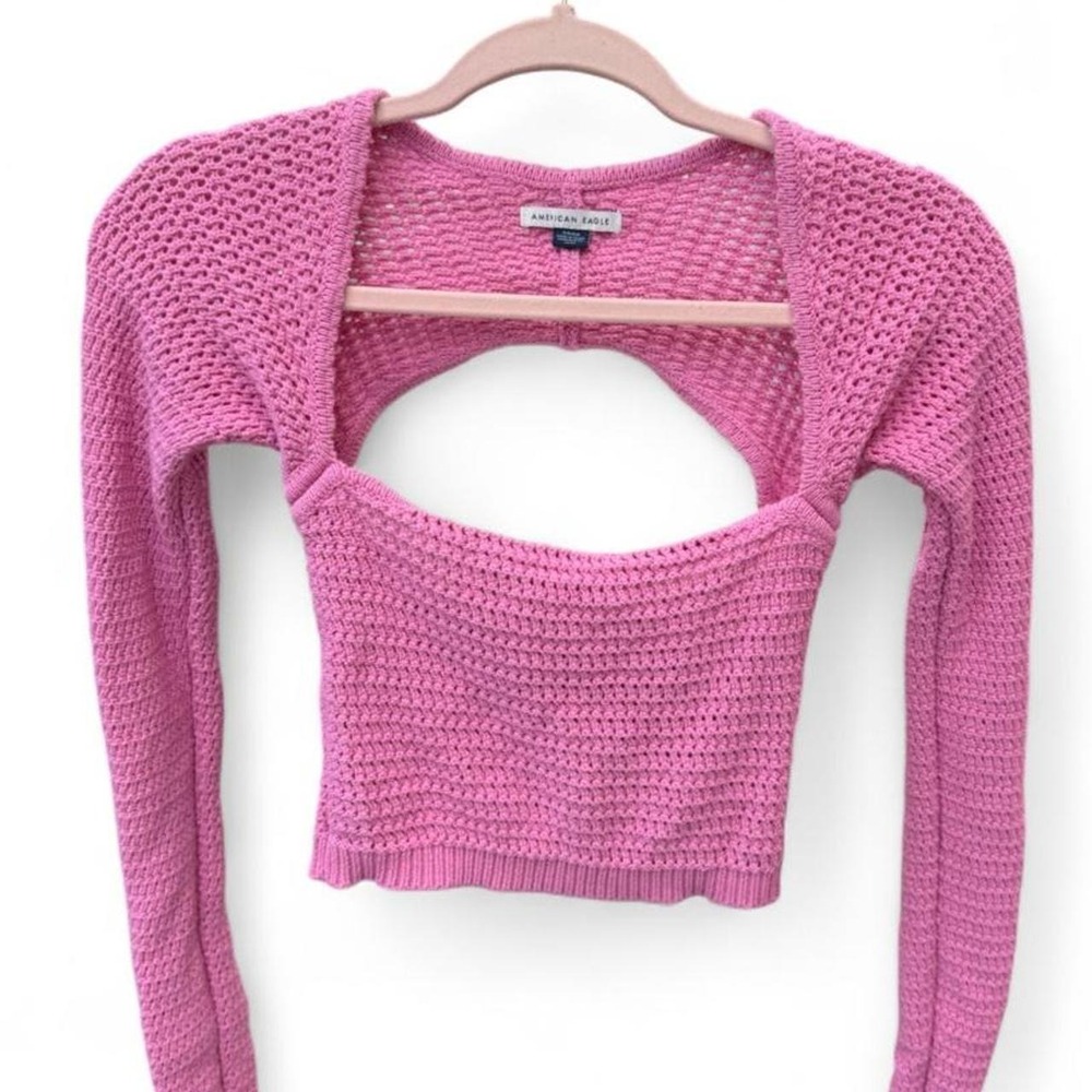 American Eagle Open Knit Shrug Open Sweater Bubblegum Pink Cutout Crochet Small